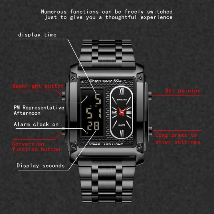 BINBOND B2311 30m Waterproof Men LED Luminous Multifunctional Quartz Watch, Black Steel-Black