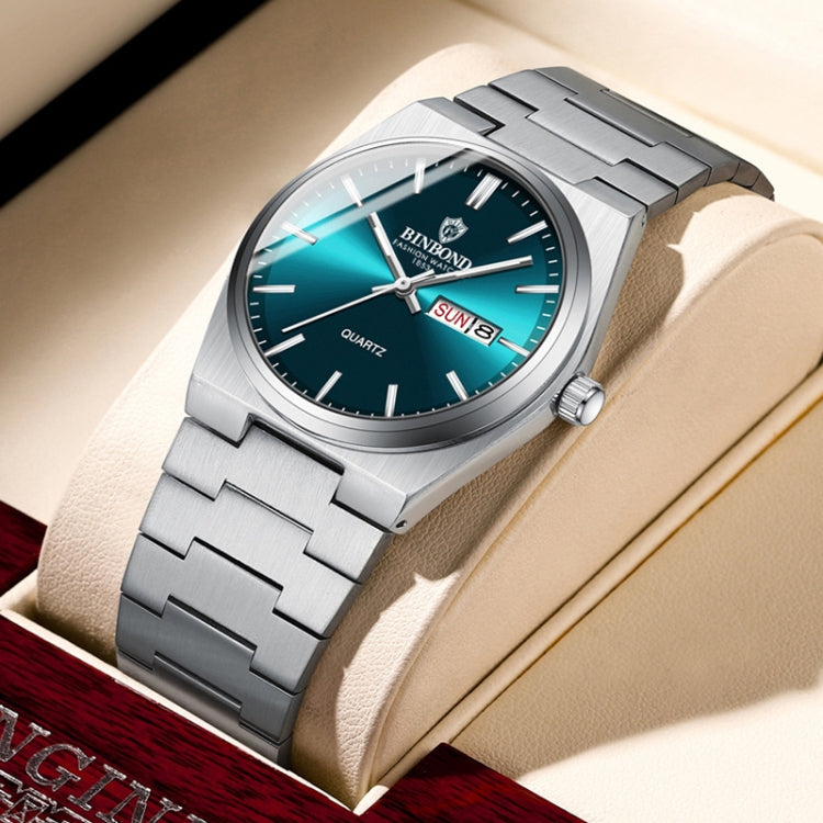 BINBOND B102 Dual-calendar Leisure Waterproof Luminous Quartz Watch, White Steel-Blue, White Steel-Green