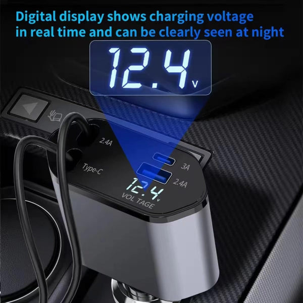 4-In-1 120W Multifunctional USB Retractable Dual-Line Digital Display Car Fast Charger