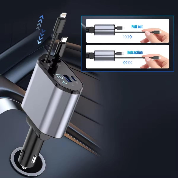 4-In-1 120W Multifunctional USB Retractable Dual-Line Digital Display Car Fast Charger