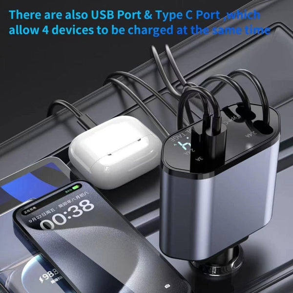 4-In-1 120W Multifunctional USB Retractable Dual-Line Digital Display Car Fast Charger