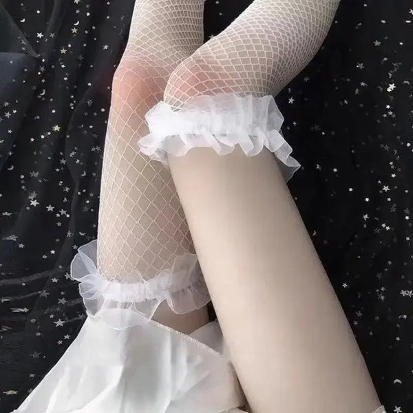 Sexy Lace Mesh Stockings Women Lolita Over Knee High Long Sock Hollow Fishnet Pantyhose, Average