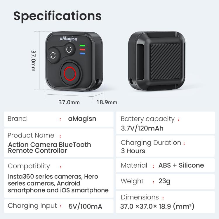 aMagisn Wireless Bluetooth Remote Control for Insta360, GoPro Hero Cameras & Smartphones - 50m Long Range
