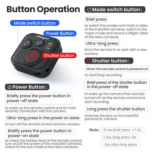 aMagisn Wireless Bluetooth Remote Control for Insta360, GoPro Hero Cameras & Smartphones - 50m Long Range