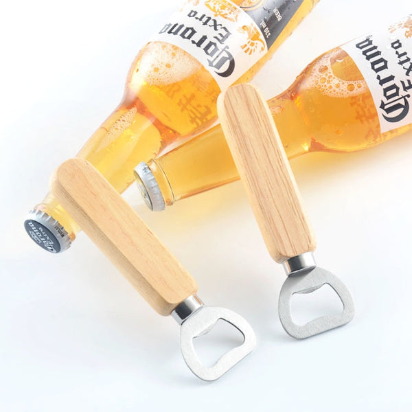 2 PCS Stainless Steel Beer Bottle Opener with Rubber Wood Handle Creative Gift Soda Bottle Driver, Beer Bottle Opener with Handle
