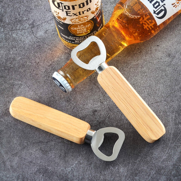 2 PCS Stainless Steel Beer Bottle Opener with Rubber Wood Handle Creative Gift Soda Bottle Driver, Beer Bottle Opener with Handle