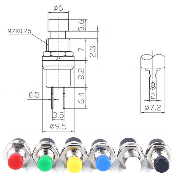 10 PCS 7mm Thread Multicolor 2 Pins Momentary Push Button Switch