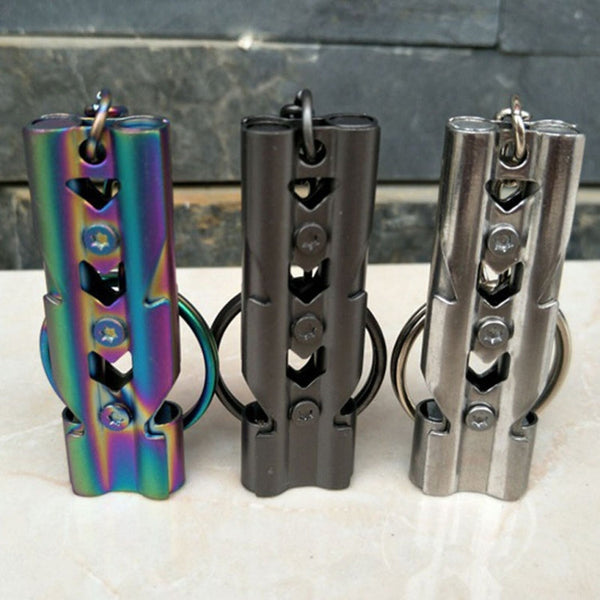 Outdoor High-decibel Stainless Steel Self-protection Double Tube Survival Whistle with Key Ring