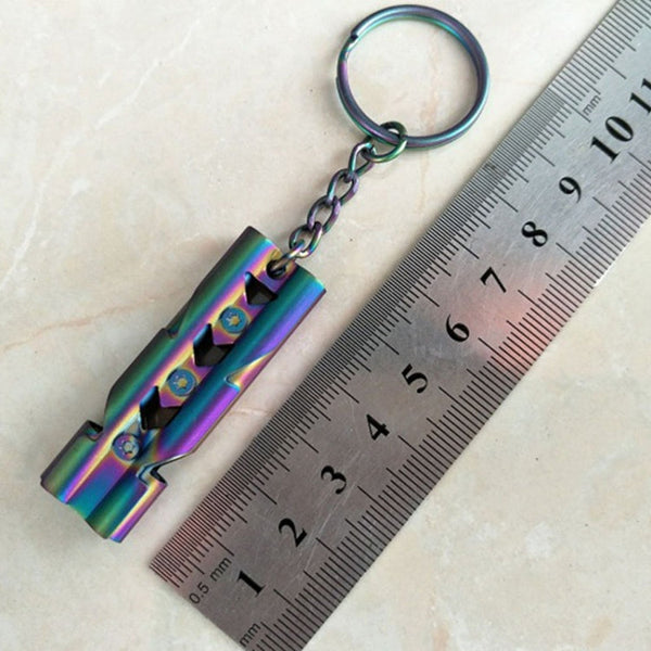 Outdoor High-decibel Stainless Steel Self-protection Double Tube Survival Whistle with Key Ring