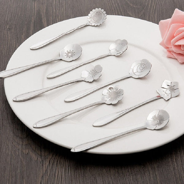 3 PCS Stainless Steel Household Creative Flower Spoon Coffee Stirring Spoon, Sun Flower Spoon, Sunflower Spoon, Pansy Flower Spoon, Bellflower Spoon, Plum Flower Spoon, Cosmos Flower Spoon
