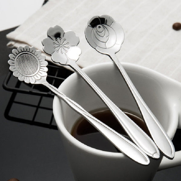 3 PCS Stainless Steel Household Creative Flower Spoon Coffee Stirring Spoon, Sun Flower Spoon, Sunflower Spoon, Pansy Flower Spoon, Bellflower Spoon, Plum Flower Spoon, Cosmos Flower Spoon