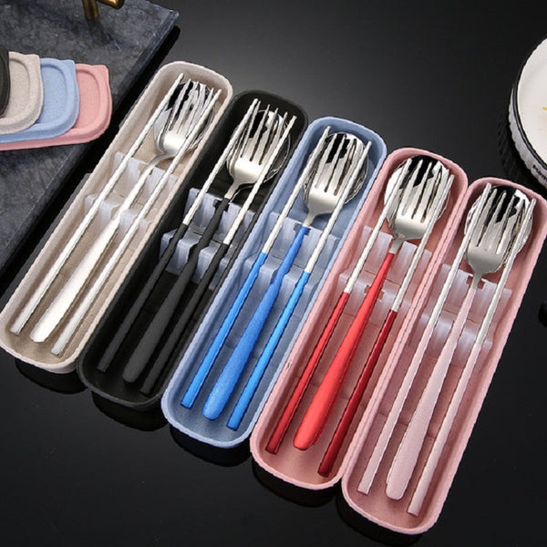3pcs / Set Portable Stainless Steel Tableware Creative Set Chopsticks Spoon Fork Gift, Steel, Black, Pink, Red, Blue