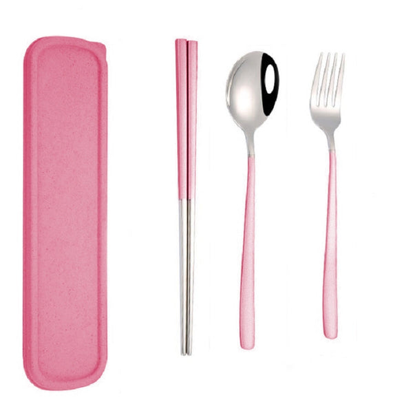 3pcs / Set Portable Stainless Steel Tableware Creative Set Chopsticks Spoon Fork Gift, Steel, Black, Pink, Red, Blue