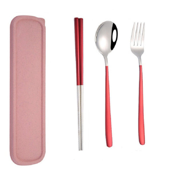 3pcs / Set Portable Stainless Steel Tableware Creative Set Chopsticks Spoon Fork Gift, Steel, Black, Pink, Red, Blue