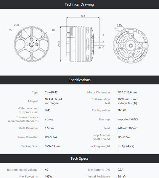 T-Motor Cine20 Combo 4s 2" FPV Motors (4pc)
