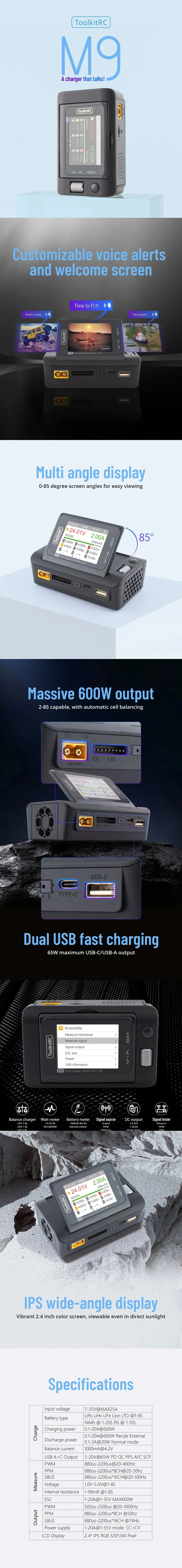 ToolkitRC M9 600W 20A 1-8S Multi-Function DC Smart Balance Charger w/ Voice Alerts