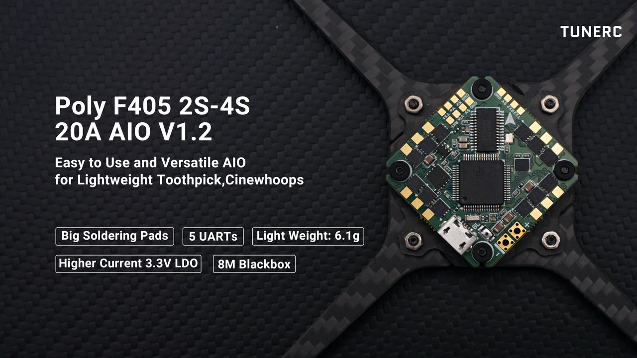 TuneRC Poly F405 20A AIO Flight Controller V1.2 for 2S-4S Toothpick & Cinewhoop Drones