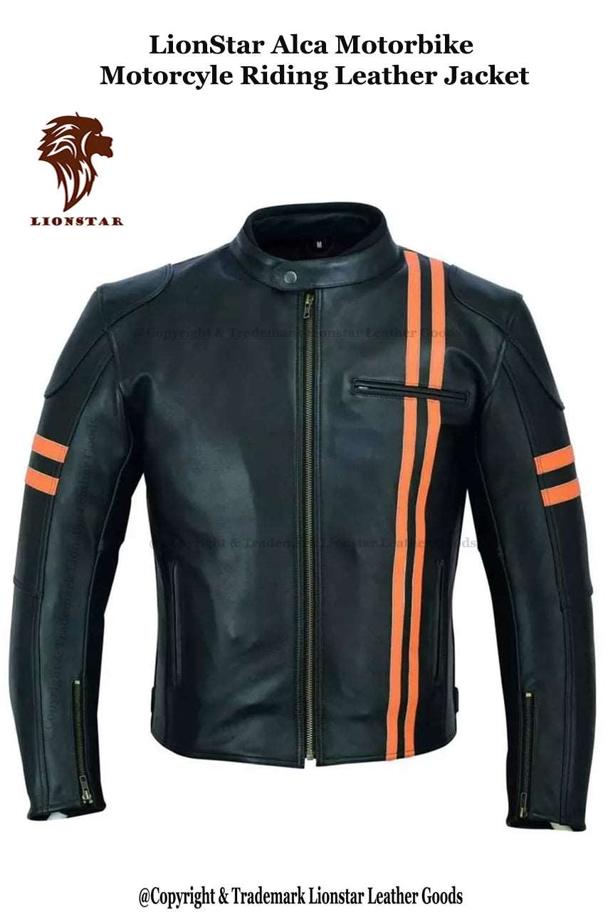 Unisex Black Orange Stripe Cafe Racer Leather Jacket
