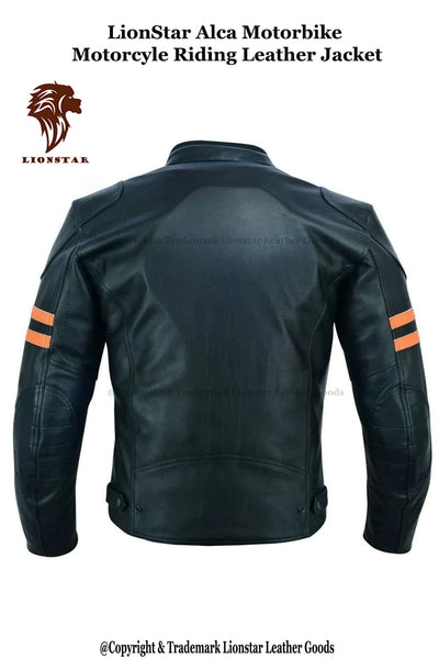 Unisex Black Orange Stripe Cafe Racer Leather Jacket