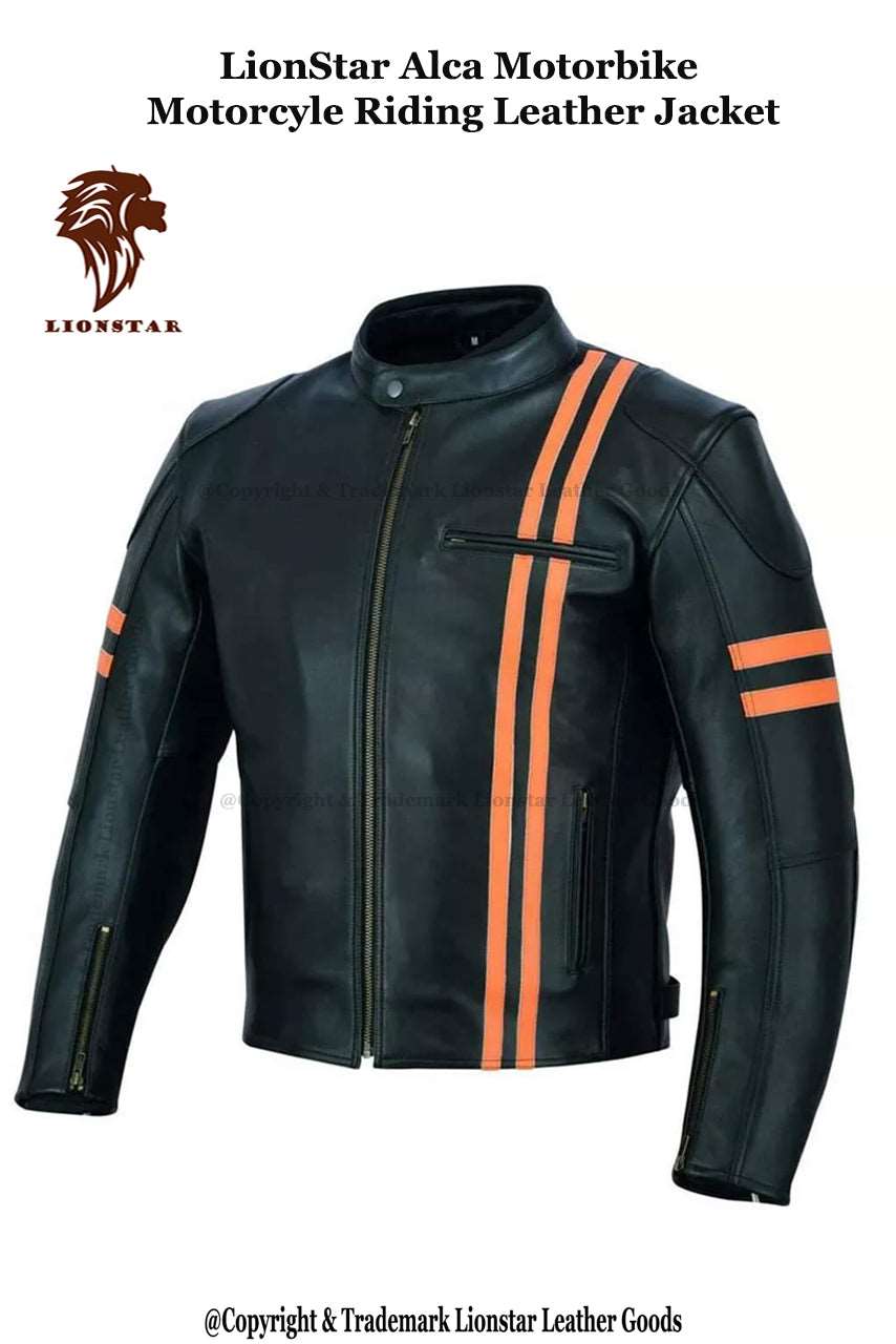 Unisex Black Orange Stripe Cafe Racer Leather Jacket