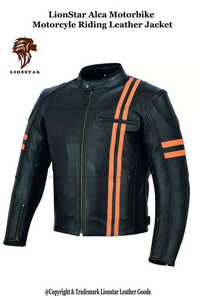 Unisex Black Orange Stripe Cafe Racer Leather Jacket
