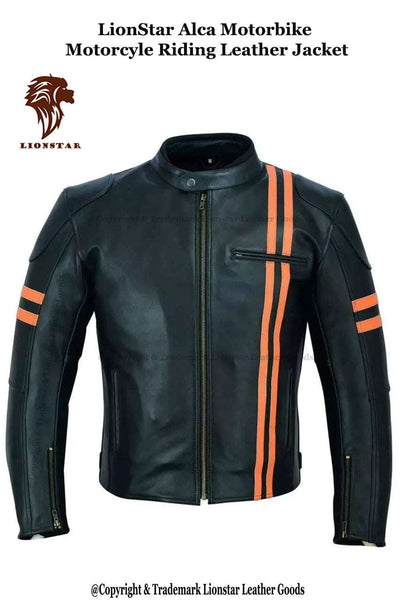 Unisex Black Orange Stripe Cafe Racer Leather Jacket