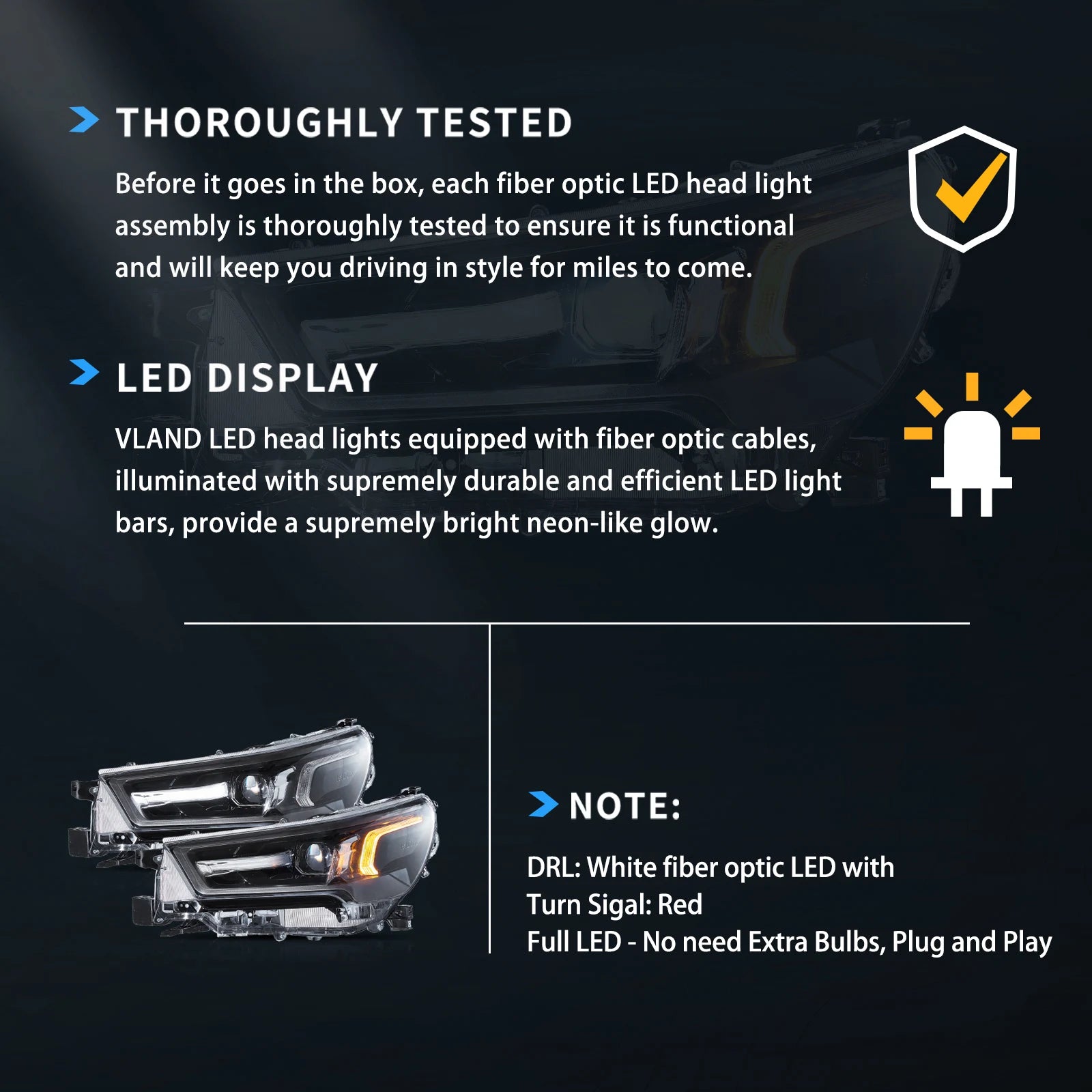 VLAND 21-24 Toyota Hilux Bi-LED Headlights Black LHD & RHD Beam Alignment Available - Streamer led effect