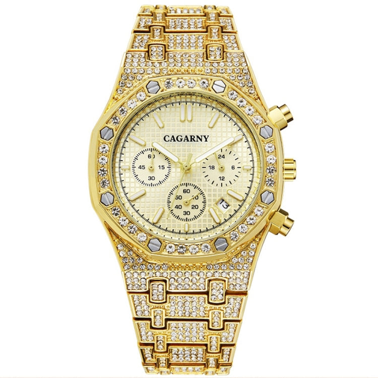 CAGARNY 6881 Diamond-studded Six-needles Guartz Dual Movement Watch Men Stainless Steel Strap Watch (Gold Shell Gold Dial)
