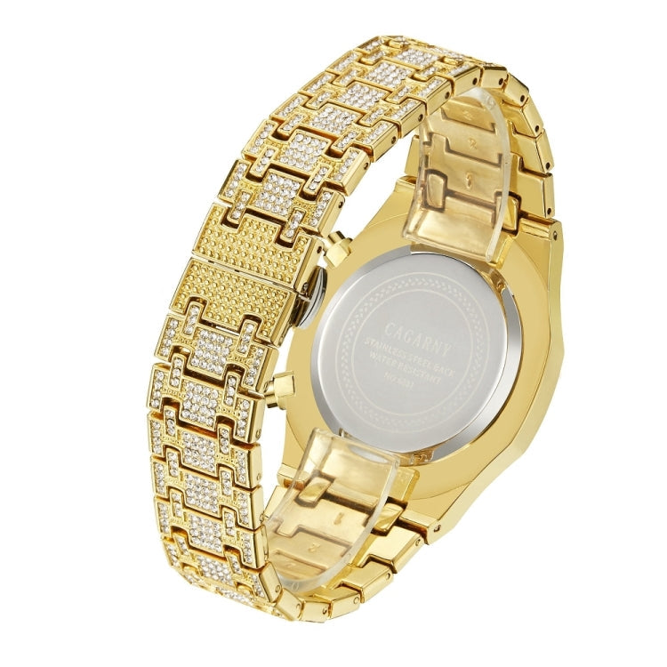 CAGARNY 6881 Diamond-studded Six-needles Guartz Dual Movement Watch Men Stainless Steel Strap Watch (Gold Shell Gold Dial)