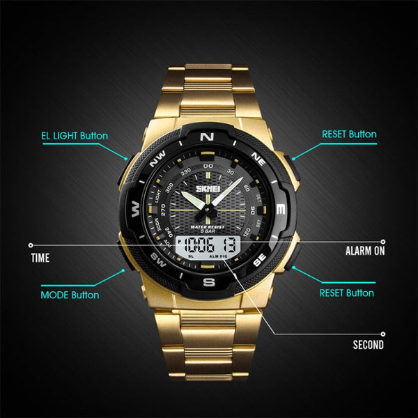 SKMEI 1370 Multifunctional Men Outdoor Sports Noctilucent Waterproof Stainless Steel Digital Wrist Watch