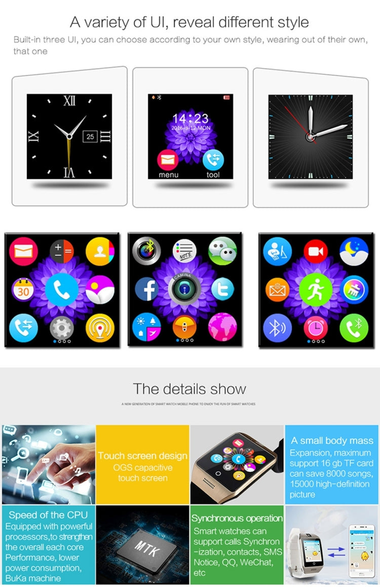 Q18S 1.54 inch IPS Screen MTK6260A Bluetooth 3.0 Smart Watch Phone, Pedometer / Sedentary Reminder / Sleeping Monitor  / Anti-Loss / Remote Camera / GSM / 0.3M Camera