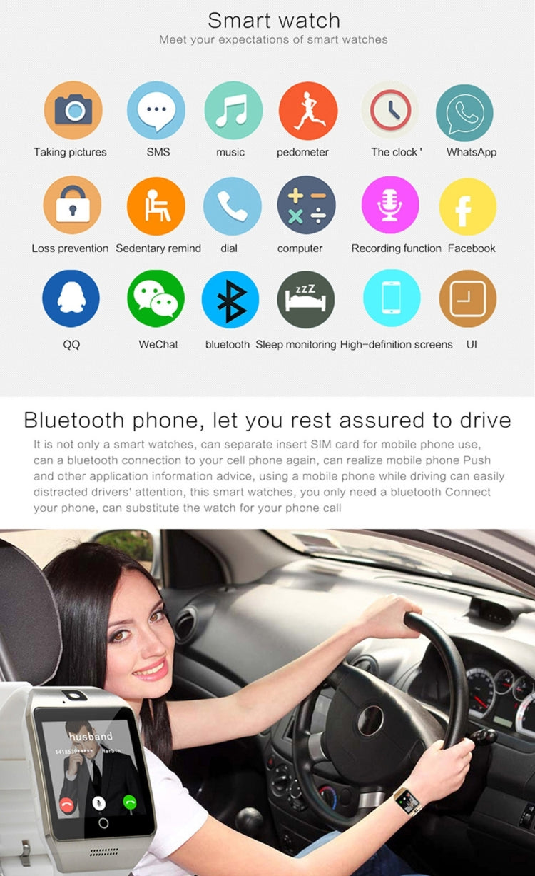 Q18S 1.54 inch IPS Screen MTK6260A Bluetooth 3.0 Smart Watch Phone, Pedometer / Sedentary Reminder / Sleeping Monitor  / Anti-Loss / Remote Camera / GSM / 0.3M Camera