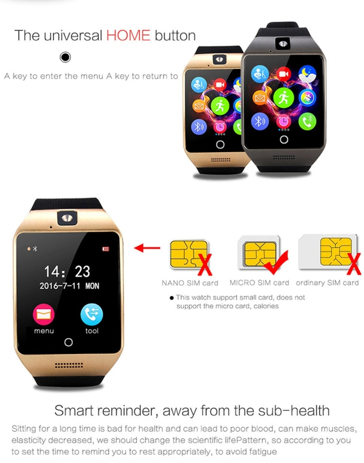 Q18S 1.54 inch IPS Screen MTK6260A Bluetooth 3.0 Smart Watch Phone, Pedometer / Sedentary Reminder / Sleeping Monitor  / Anti-Loss / Remote Camera / GSM / 0.3M Camera