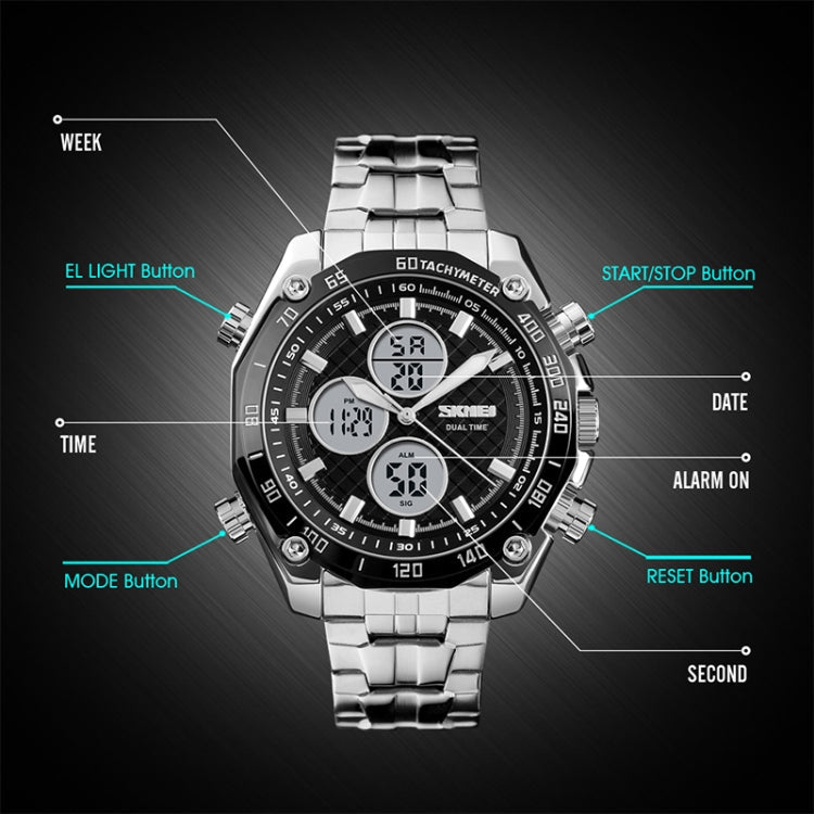 SKMEI 1302 Fashion Men Leisure Wrist Watch Multifunctional Dual-time Sports Digital Watch with Stainless Steel Watchband 30m Waterproof