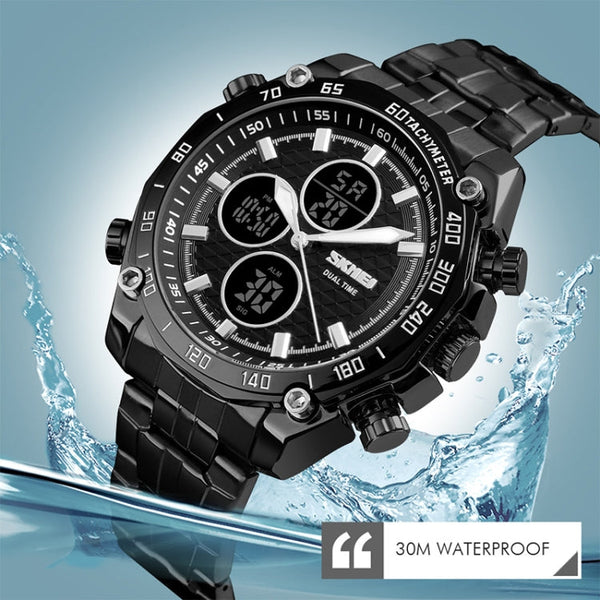 SKMEI 1302 Fashion Men Leisure Wrist Watch Multifunctional Dual-time Sports Digital Watch with Stainless Steel Watchband 30m Waterproof