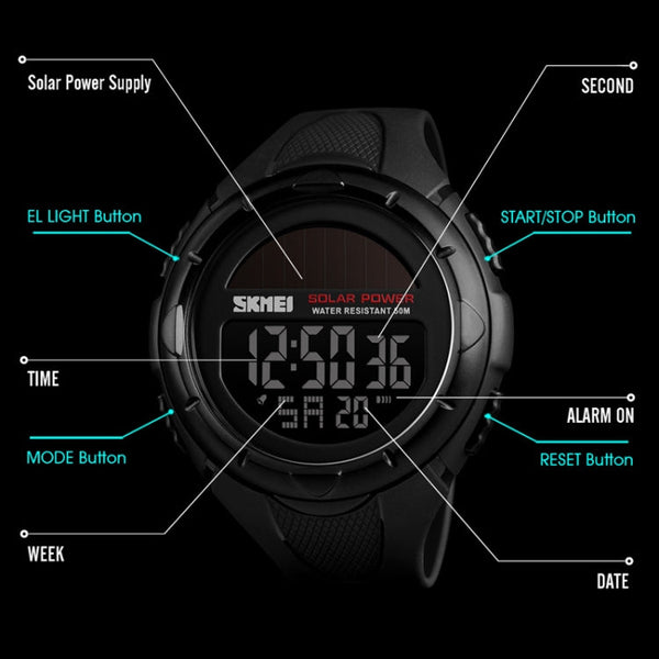 SKMEI 1405 Fashion Solar Power Outdoor Sports Watch Multifunctional 50m Waterproof Men Digital Watch