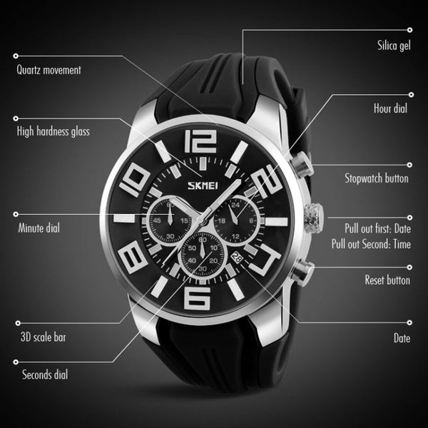 SKMEI 9128 Fashion Multifunctional 3D Large Dial Sports Wristwatch 30m Waterproof Quartz Watch