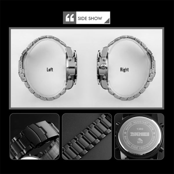 SKMEI 1389 Multifunctional Men Business Digital Watch 30m Waterproof Large Dial Wrist Watch with Stainless Steel Watchband