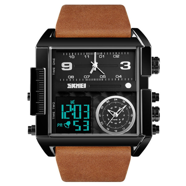 SKMEI 1391 Multifunctional Men Business Digital Watch 30m Waterproof Square Dial Wrist Watch with Leather Watchband