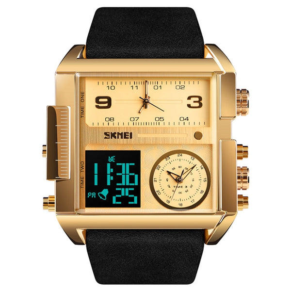 SKMEI 1391 Multifunctional Men Business Digital Watch 30m Waterproof Square Dial Wrist Watch with Leather Watchband