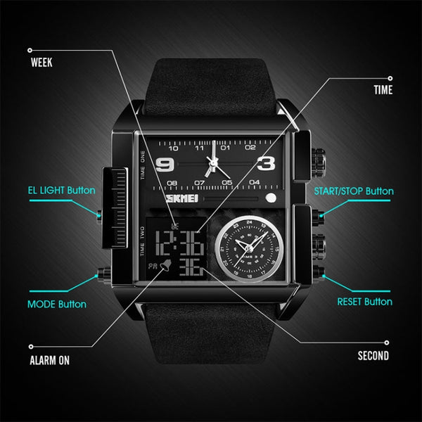 SKMEI 1391 Multifunctional Men Business Digital Watch 30m Waterproof Square Dial Wrist Watch with Leather Watchband