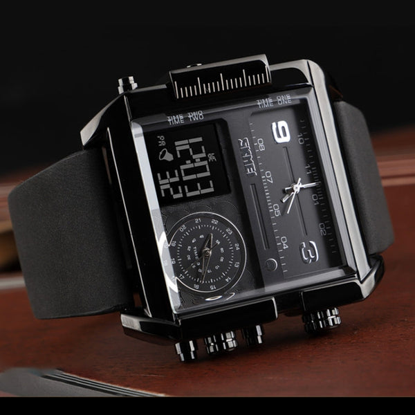 SKMEI 1391 Multifunctional Men Business Digital Watch 30m Waterproof Square Dial Wrist Watch with Leather Watchband