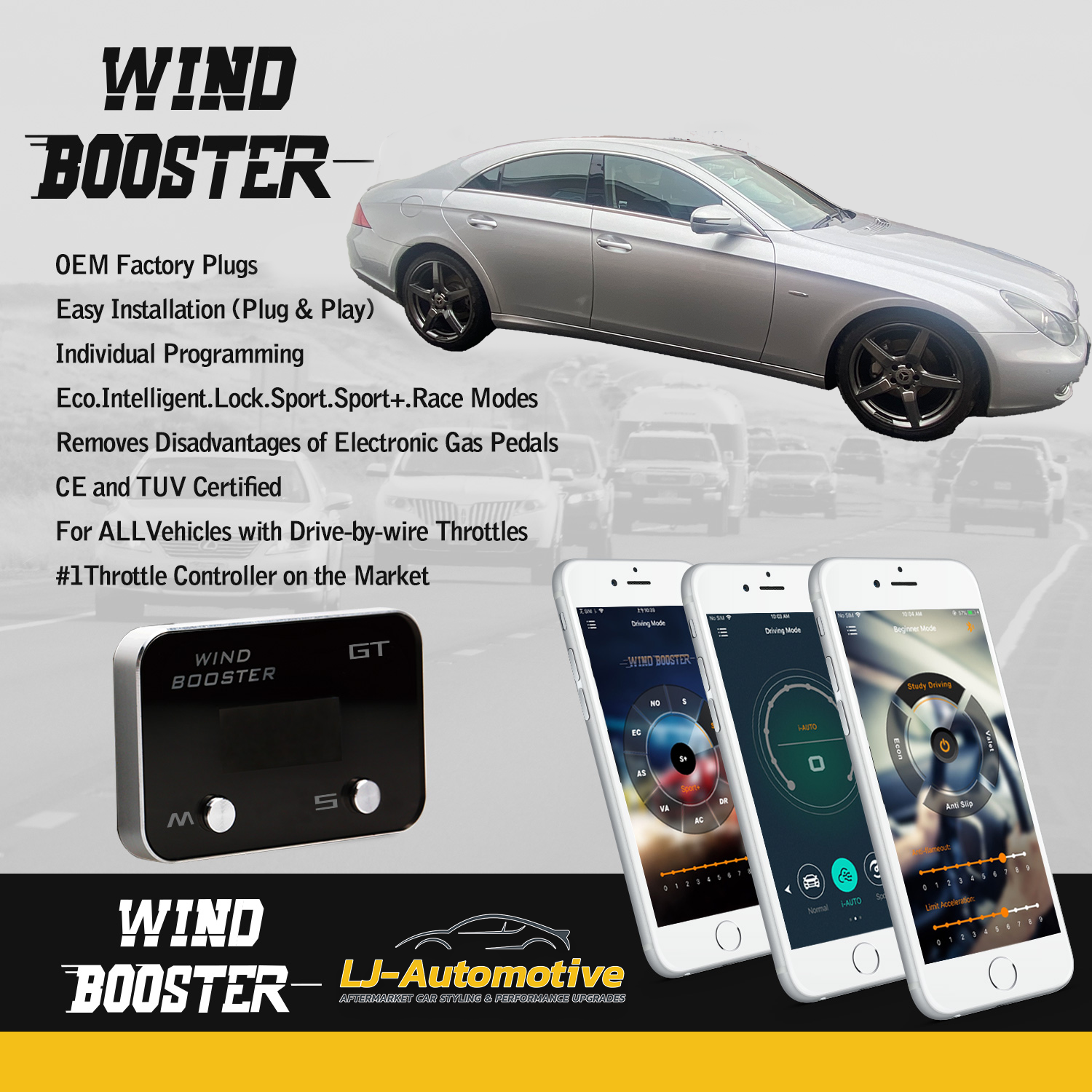 WINDBOOSTER GT (For Model Specific: Mercedes CLS C219 2005-2010) & Bluetooth Mobile App OBD Acceleration Performance Throttle Controller & Pedal Remap - Utilising Chip Tuning / Electronic Engine Tuning - Econ / Sport / Sport+ / Race Modes - OLED Display