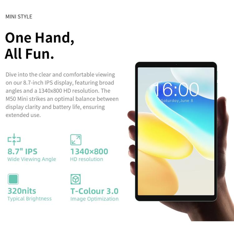 Teclast M50 Mini WiFi Tablet PC, 4GB+128GB, 8.7 inch Android 15 Unisoc T606 Octa Core
