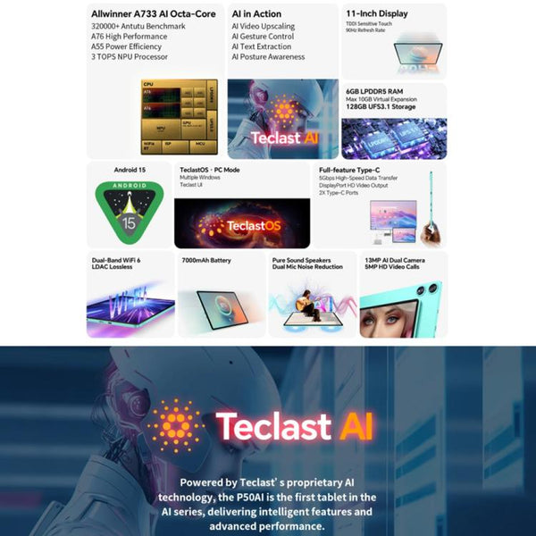 Teclast P50AI WiFi Tablet PC, 6GB+128GB, 11 inch Android 15 Allwinner A733 Octa Core with NPU