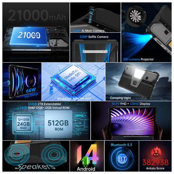 Unihertz 8849 Tank Pad E Rugged Tablet PC & Projector, 12GB+512GB, 10.95 inch Android 14 MT6789 Octa Core 4G Network, EU Plug