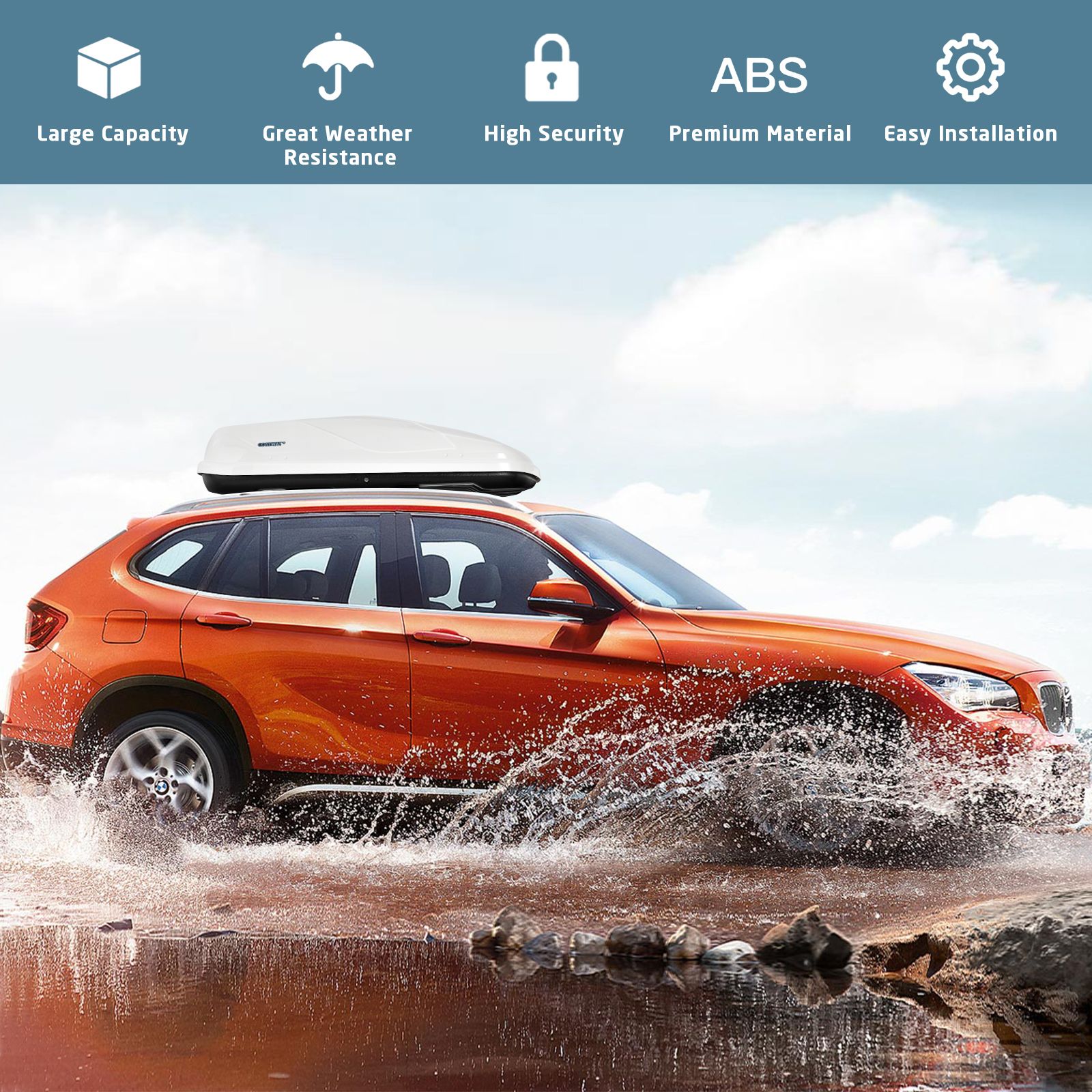 CW White ABS 400L Car Rooftop Cargo Box with Security Keys and Dual Side Opening 157 x 76 x 39cm / 75kg capacity