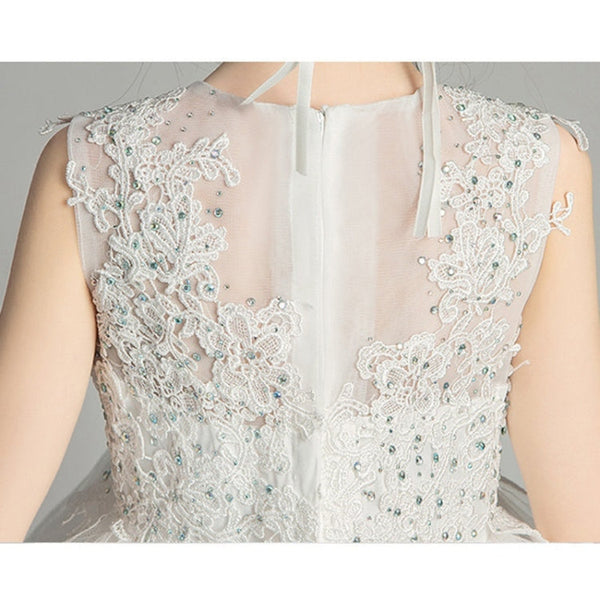 Sleeveless Short Front and Long Back Lace Princess Dress Pettiskirt Performance Formal Dress for Girls