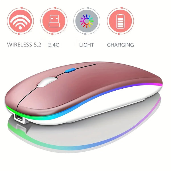Ultra-Slim Wireless Rechargeable Mouse with LED Lighting, Dual Mode (BT & 2.4G), Compatible with iPad, Laptop, PC, Mac, Windows