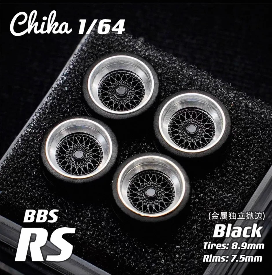 1/64 Chika  Wheels with Rubber Tires Model Car Modified Parts BBS RS  JDM VIP For Hotwheels Tomica MiniGT （Supplied with axle）
